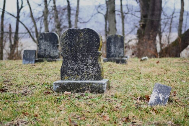 Monumente funerare din granit și marmură, aliniate într-un cimitir liniștit, înconjurate de copaci verzi